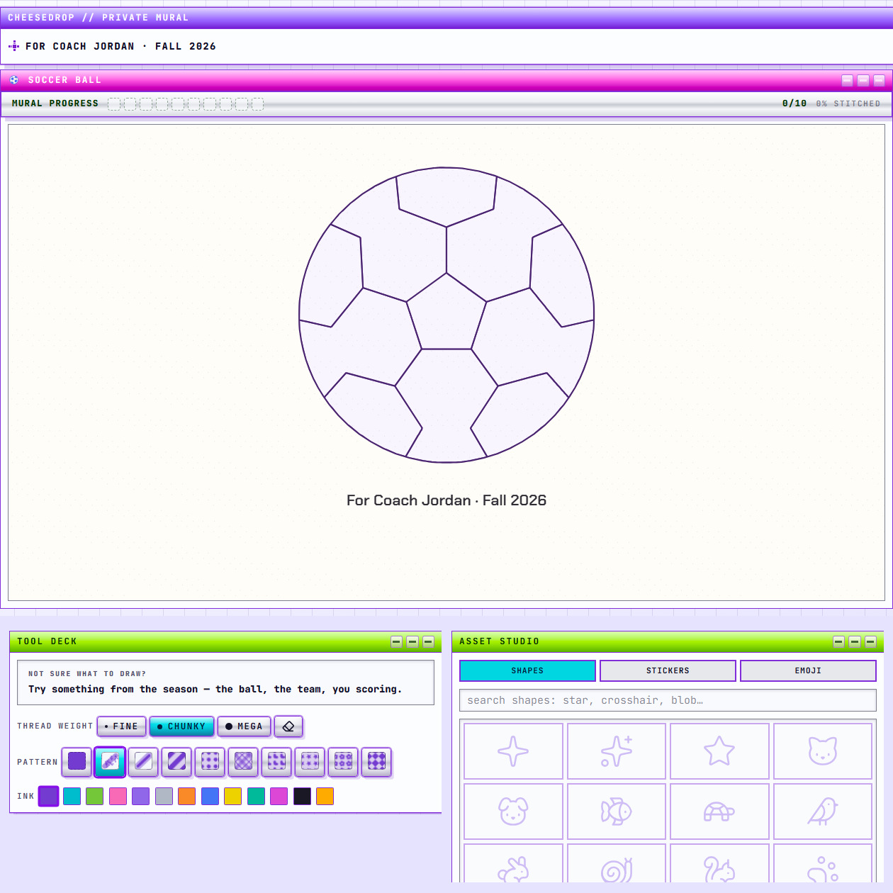 The mural screen: a blank soccer ball divided along its seams into ten patches, with the progress bar, tool deck and shapes panel.