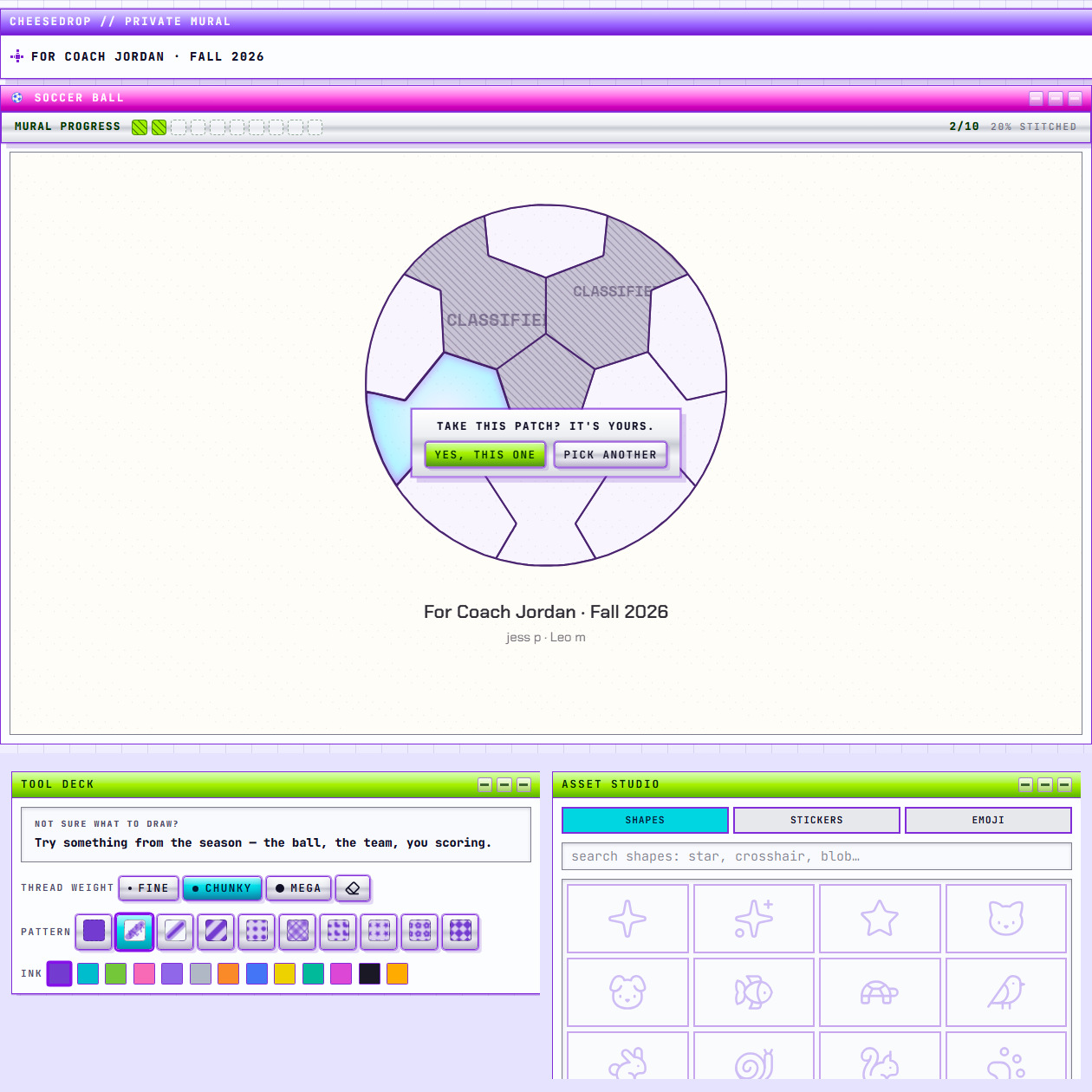 The mural screen with a child choosing a patch on the soccer ball and a 'Take this patch? It's yours.' prompt, above the tool deck.