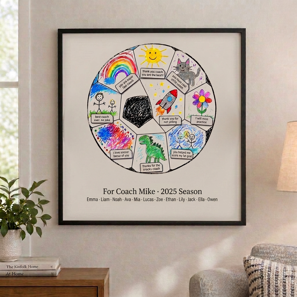 A framed gift mural in the shape of a soccer ball, divided into 12 drawn pieces, hanging on a wall.
